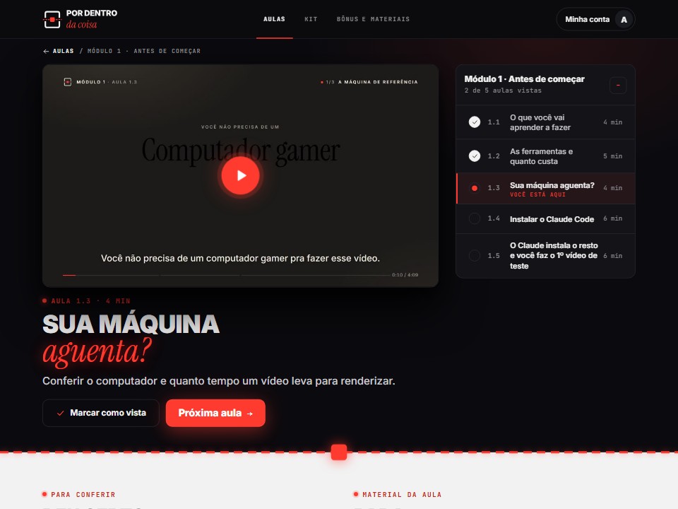 Tela de uma aula na área de alunos, com o player e a lista do módulo 1